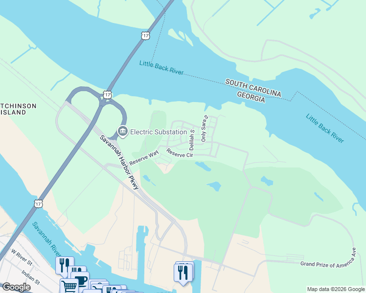 map of restaurants, bars, coffee shops, grocery stores, and more near 422 Reserve Way in Savannah