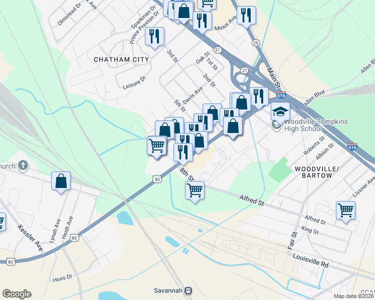 map of restaurants, bars, coffee shops, grocery stores, and more near 527 U.S. 80 in Savannah