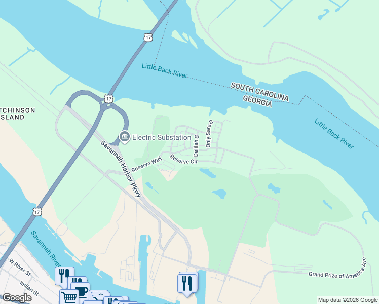 map of restaurants, bars, coffee shops, grocery stores, and more near 422 Reserve Way in Savannah