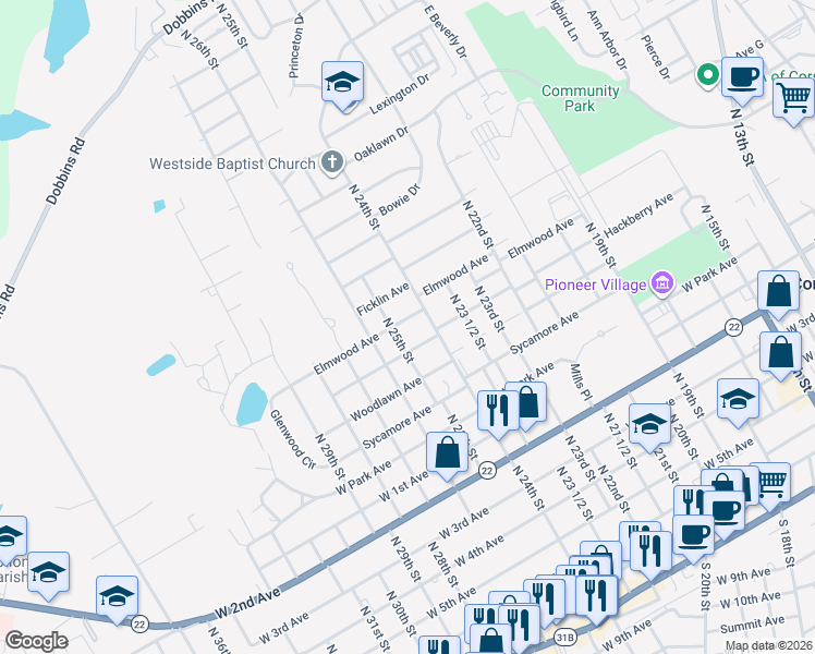 map of restaurants, bars, coffee shops, grocery stores, and more near 1519 Elmwood Avenue in Corsicana