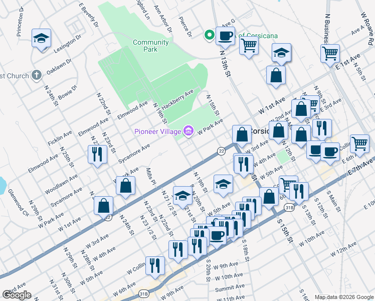 map of restaurants, bars, coffee shops, grocery stores, and more near 918 West 1st Avenue in Corsicana
