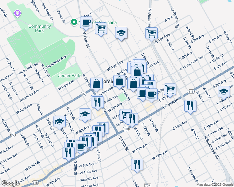 map of restaurants, bars, coffee shops, grocery stores, and more near 320 West 4th Avenue in Corsicana