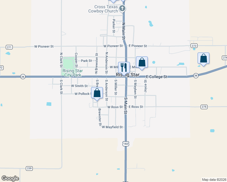 map of restaurants, bars, coffee shops, grocery stores, and more near 206 South Miller Street in Rising Star
