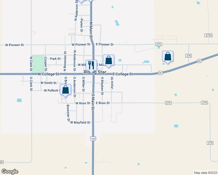 map of restaurants, bars, coffee shops, grocery stores, and more near 305 East Pollock Street in Rising Star