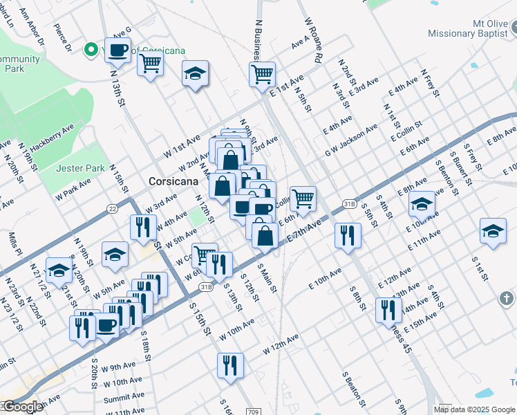 map of restaurants, bars, coffee shops, grocery stores, and more near 113 North Beaton Street in Corsicana