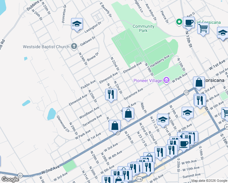 map of restaurants, bars, coffee shops, grocery stores, and more near 913 North 23 1/2 Street in Corsicana