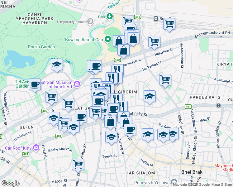 map of restaurants, bars, coffee shops, grocery stores, and more near 3 Metsada Street in Bnei Brak