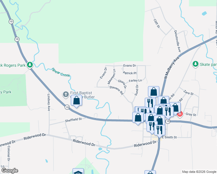 map of restaurants, bars, coffee shops, grocery stores, and more near 500 Maureen Lane in Butler