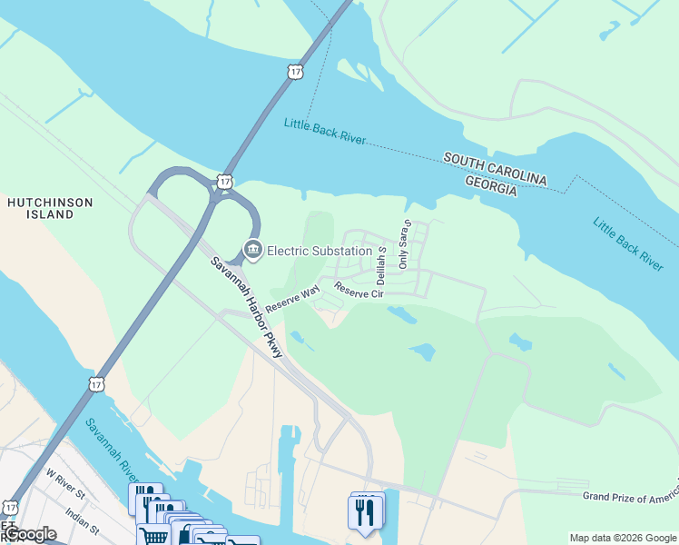 map of restaurants, bars, coffee shops, grocery stores, and more near 405 Reserve Way in Savannah