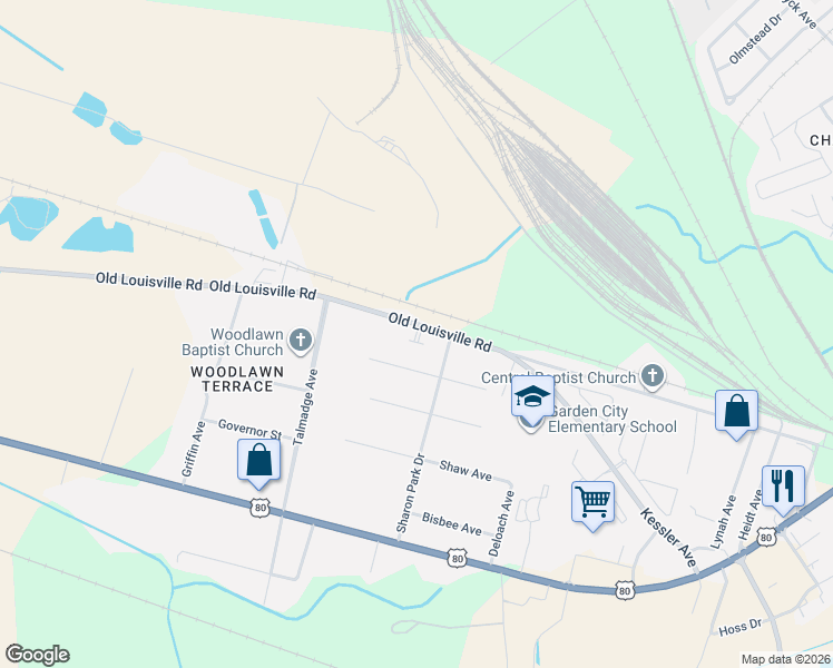 map of restaurants, bars, coffee shops, grocery stores, and more near 4518 Old Louisville Road in Garden City