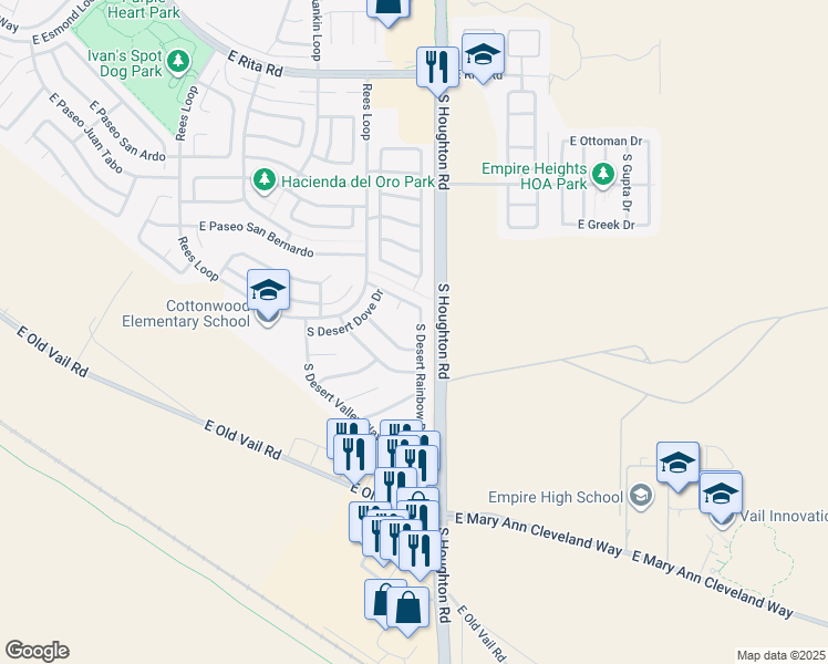 map of restaurants, bars, coffee shops, grocery stores, and more near 8676 South Desert Rainbow Drive in Tucson