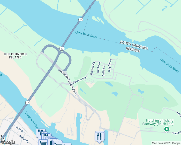 map of restaurants, bars, coffee shops, grocery stores, and more near 405 Reserve Way in Savannah