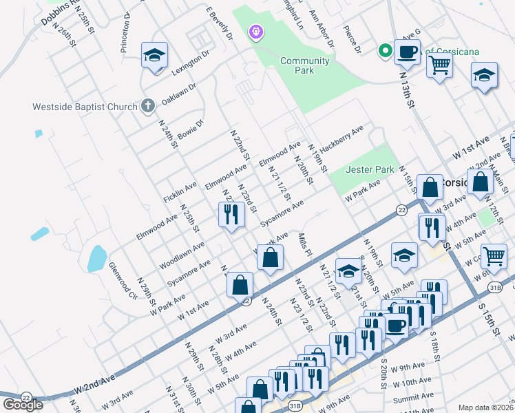 map of restaurants, bars, coffee shops, grocery stores, and more near 1313 Liveoak Avenue in Corsicana
