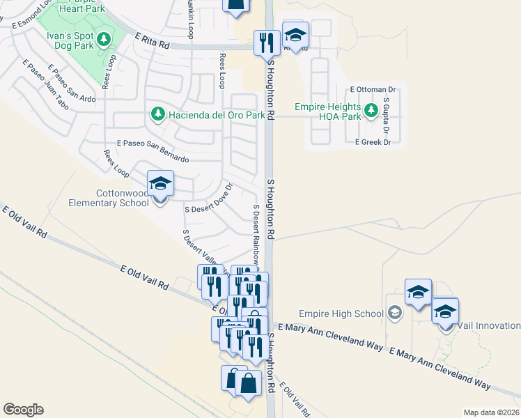 map of restaurants, bars, coffee shops, grocery stores, and more near 8673 South Desert Rainbow Drive in Tucson