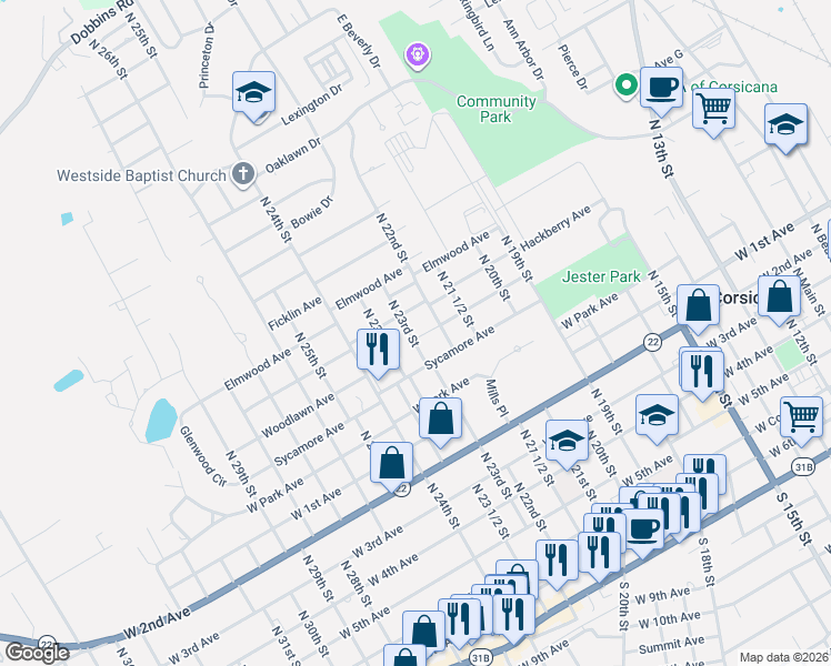 map of restaurants, bars, coffee shops, grocery stores, and more near 1313 Liveoak Avenue in Corsicana