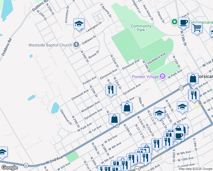 map of restaurants, bars, coffee shops, grocery stores, and more near 1424 Hackberry Avenue in Corsicana