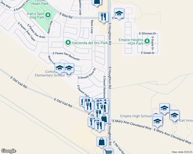 map of restaurants, bars, coffee shops, grocery stores, and more near 10199 East Prospect Vista Way in Tucson