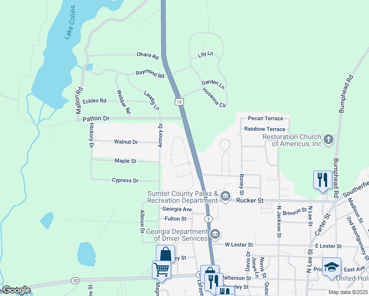 map of restaurants, bars, coffee shops, grocery stores, and more near Starlight Circle in Americus
