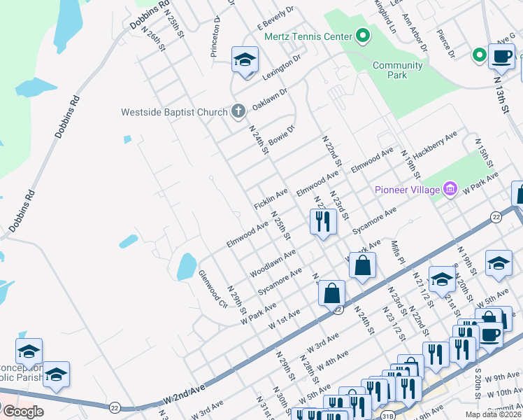 map of restaurants, bars, coffee shops, grocery stores, and more near 1700 Elmwood Avenue in Corsicana