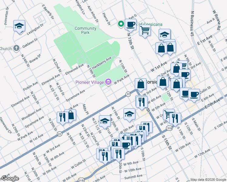 map of restaurants, bars, coffee shops, grocery stores, and more near 918 West 1st Avenue in Corsicana