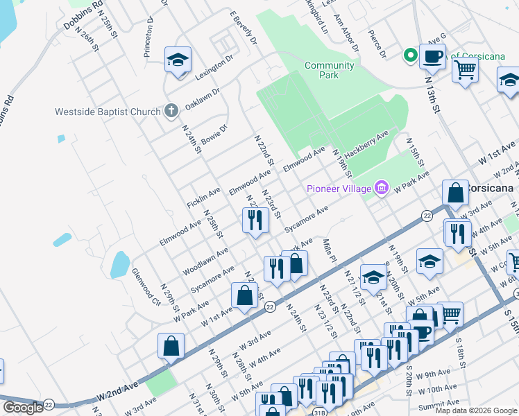 map of restaurants, bars, coffee shops, grocery stores, and more near 913 North 23 1/2 Street in Corsicana