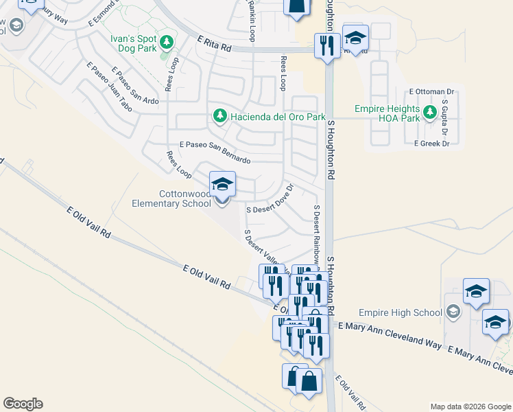 map of restaurants, bars, coffee shops, grocery stores, and more near 8678 South Desert Valley Way in Tucson