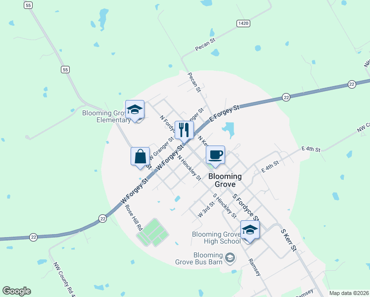 map of restaurants, bars, coffee shops, grocery stores, and more near 305 South Hinkley Street in Blooming Grove