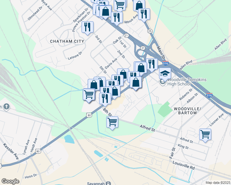 map of restaurants, bars, coffee shops, grocery stores, and more near 501 U.S. 80 in Garden City