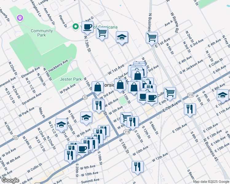 map of restaurants, bars, coffee shops, grocery stores, and more near 320 West 4th Avenue in Corsicana