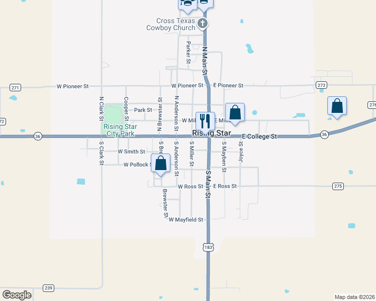 map of restaurants, bars, coffee shops, grocery stores, and more near 206 South Miller Street in Rising Star