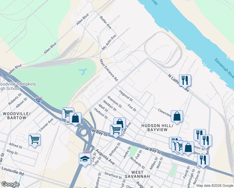 map of restaurants, bars, coffee shops, grocery stores, and more near 806 West Lathrop Avenue in Savannah