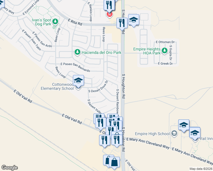 map of restaurants, bars, coffee shops, grocery stores, and more near 8607 South Desert Dove Drive in Tucson