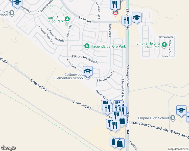map of restaurants, bars, coffee shops, grocery stores, and more near 10045 East Paseo San Bruno in Tucson