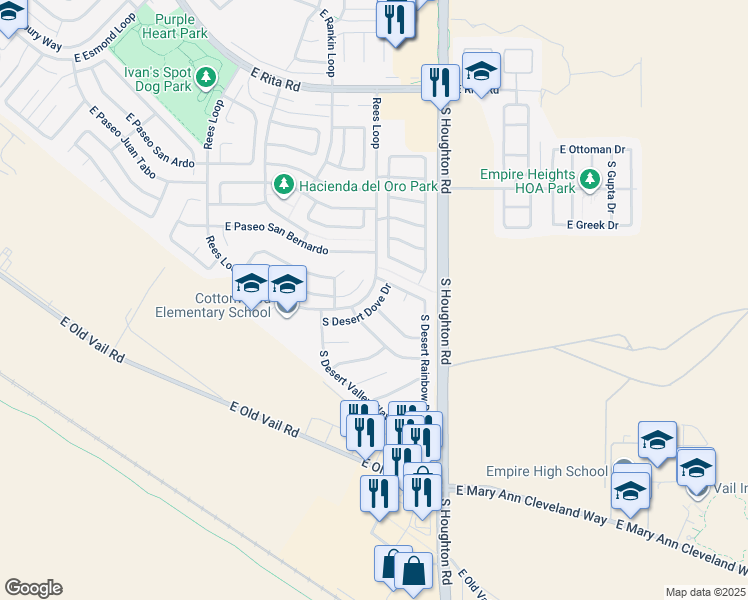 map of restaurants, bars, coffee shops, grocery stores, and more near 8634 South Desert Dove Drive in Tucson