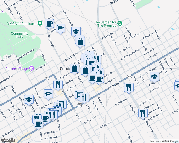 map of restaurants, bars, coffee shops, grocery stores, and more near 300 North Beaton Street in Corsicana