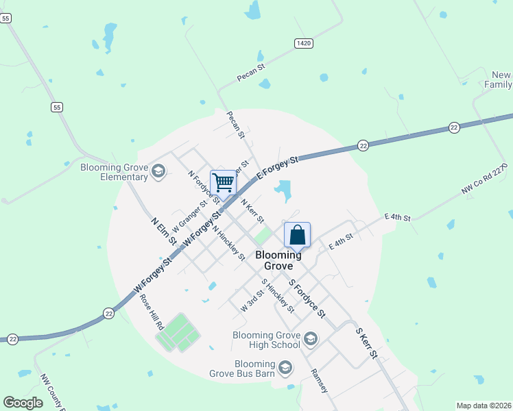 map of restaurants, bars, coffee shops, grocery stores, and more near 208 East Clark Street in Blooming Grove