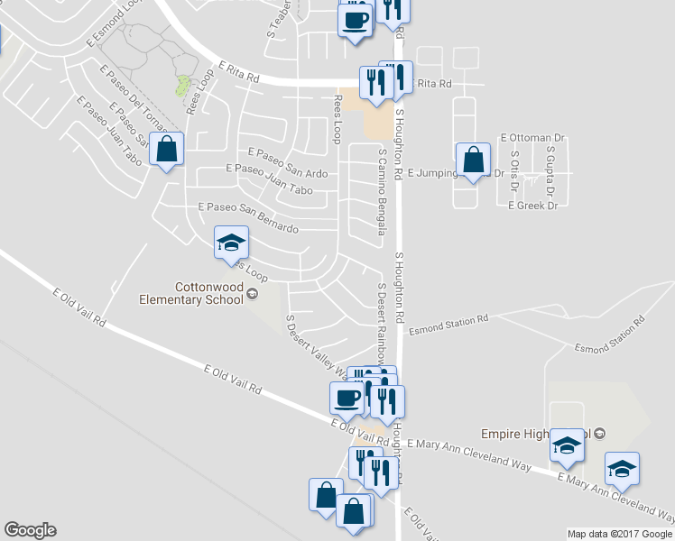 map of restaurants, bars, coffee shops, grocery stores, and more near 8628 South Desert Dove Drive in Tucson