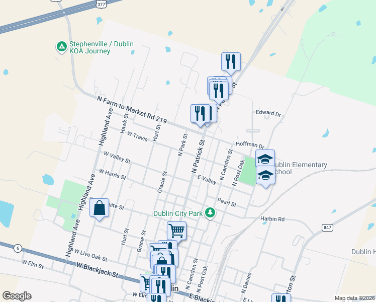 map of restaurants, bars, coffee shops, grocery stores, and more near 729 North Park Street in Dublin