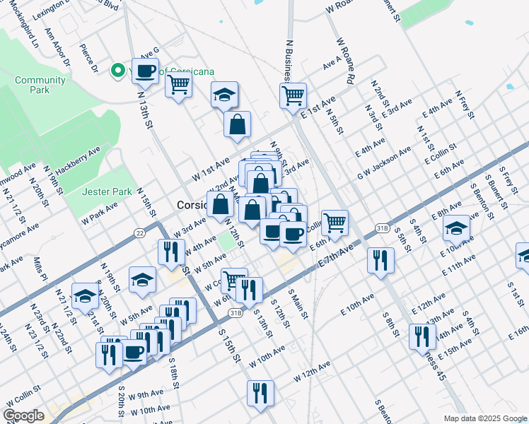 map of restaurants, bars, coffee shops, grocery stores, and more near 300 North Beaton Street in Corsicana