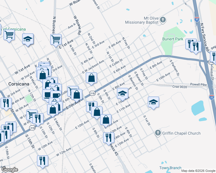 map of restaurants, bars, coffee shops, grocery stores, and more near 808 Martin Luther King Junior Boulevard in Corsicana