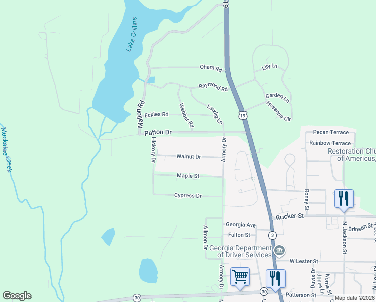 map of restaurants, bars, coffee shops, grocery stores, and more near 209 Walnut Drive in Americus