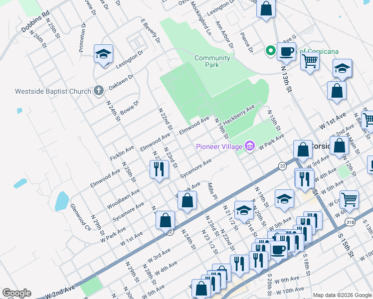 map of restaurants, bars, coffee shops, grocery stores, and more near 1304 Hackberry Avenue in Corsicana