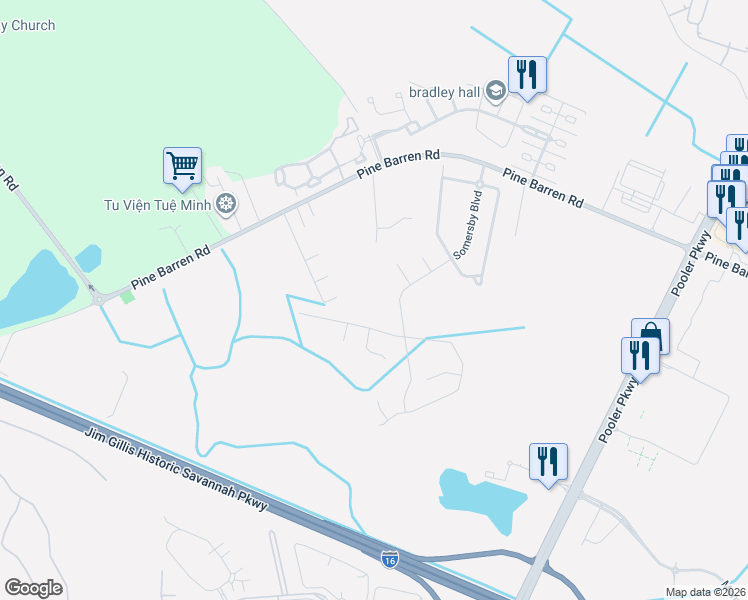 map of restaurants, bars, coffee shops, grocery stores, and more near 5 Miller Pine Court in Pooler