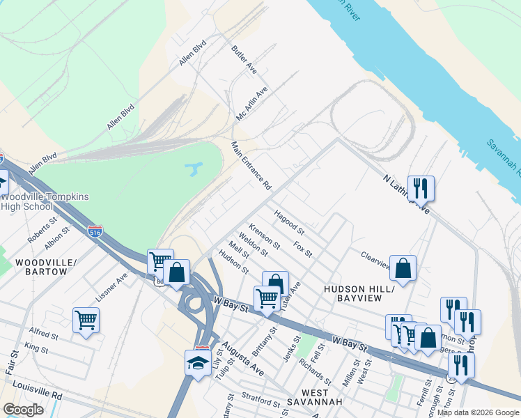 map of restaurants, bars, coffee shops, grocery stores, and more near 806 West Lathrop Avenue in Savannah