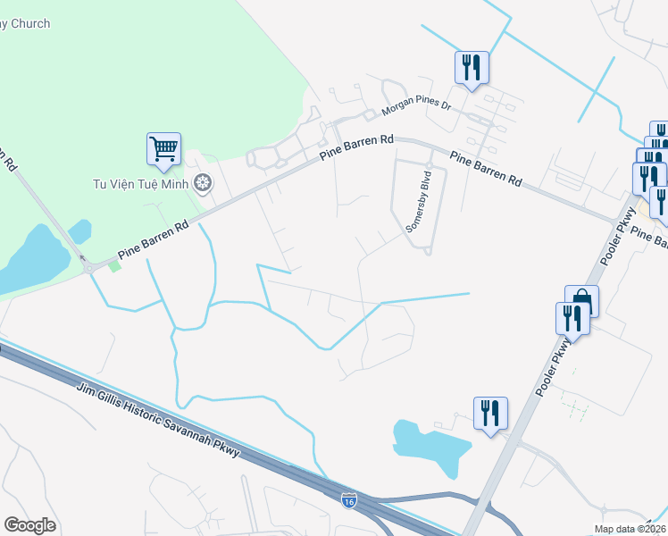 map of restaurants, bars, coffee shops, grocery stores, and more near 1335 Pine Barren Road in Pooler