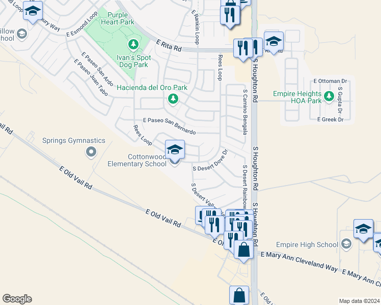 map of restaurants, bars, coffee shops, grocery stores, and more near 10045 East Paseo San Bruno in Tucson