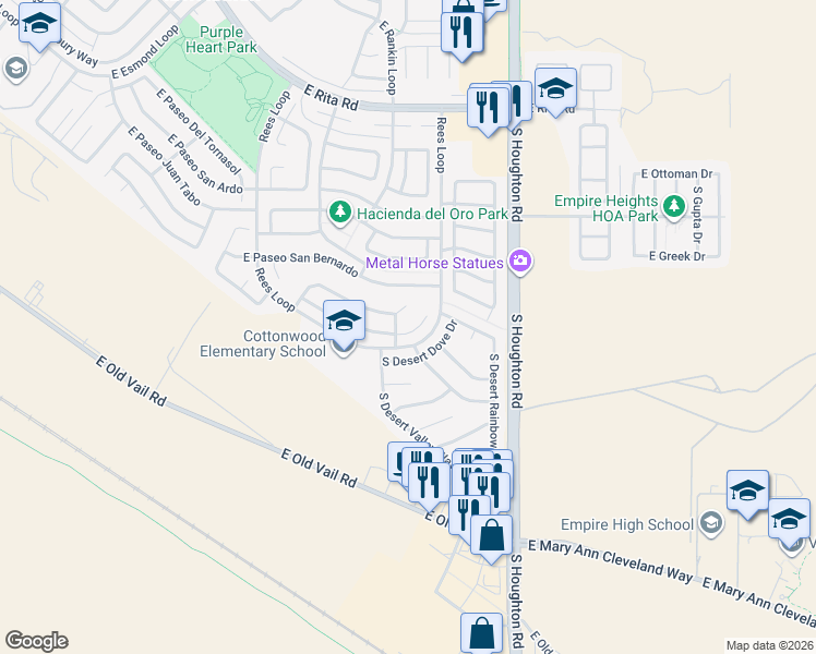 map of restaurants, bars, coffee shops, grocery stores, and more near 10105 East Paseo San Bruno in Tucson