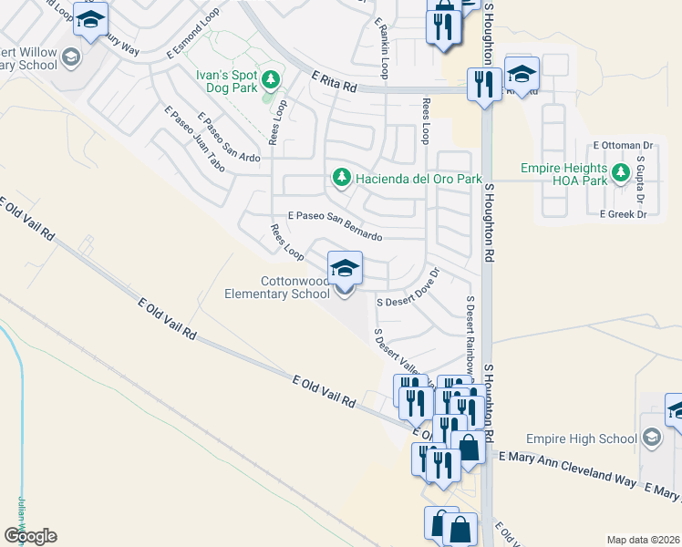 map of restaurants, bars, coffee shops, grocery stores, and more near 9980 East Paseo San Bruno in Tucson