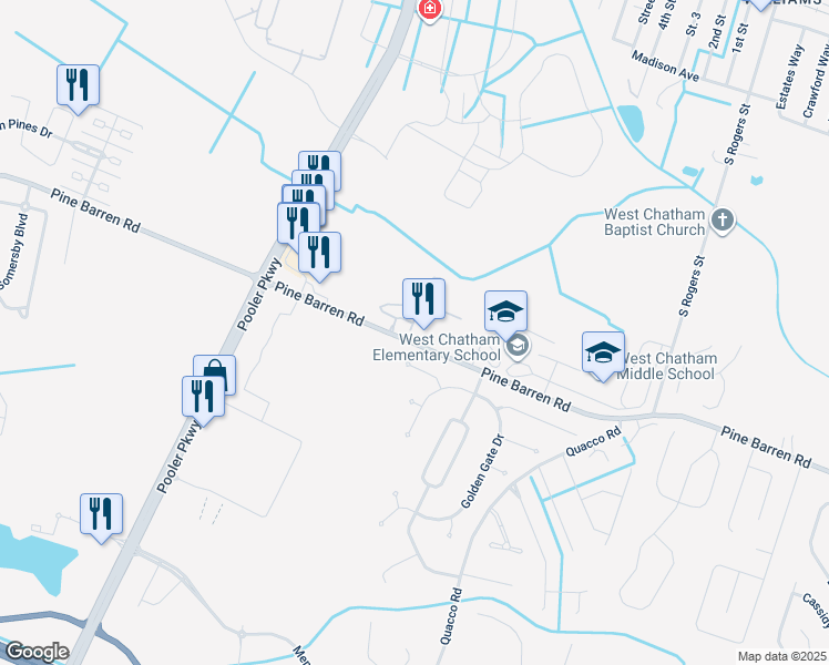 map of restaurants, bars, coffee shops, grocery stores, and more near 202 Oglethorpe Drive in Pooler