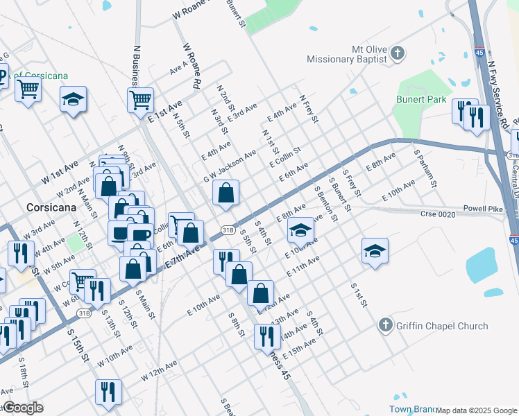 map of restaurants, bars, coffee shops, grocery stores, and more near 808 Martin Luther King Junior Boulevard in Corsicana